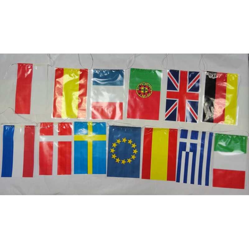 Bandera plástico surtido países, 1 tira de 10 m